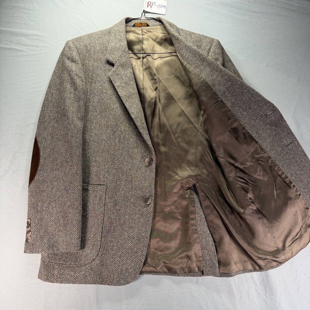 Vintage Herringbone Tweed Wool Blazer Mens 42 Brown Sport Coat Jacket Proffesor - Picture 4 of 13